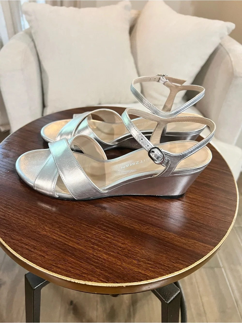 Stuart Weitzman silver metallic leather wedge sandals, size 9B